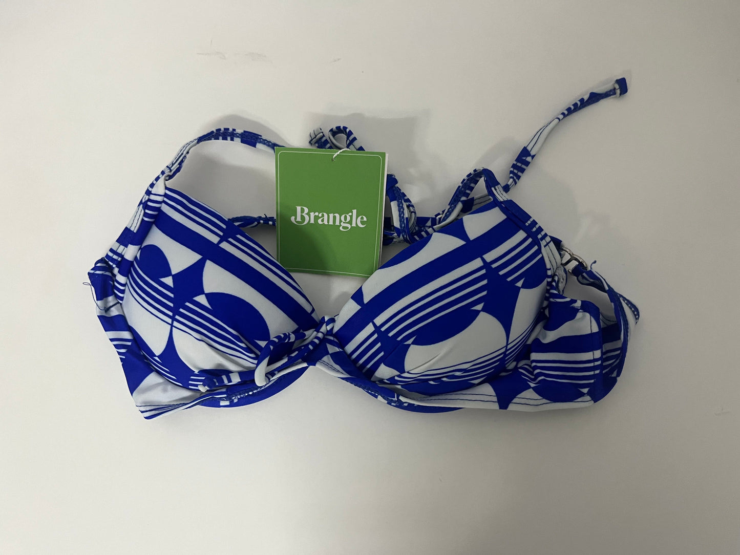 Brangle Blue & White Geometric Print Bikini Top, Push-Up & Slimming, Stylish Swimwear for Beach Vacations