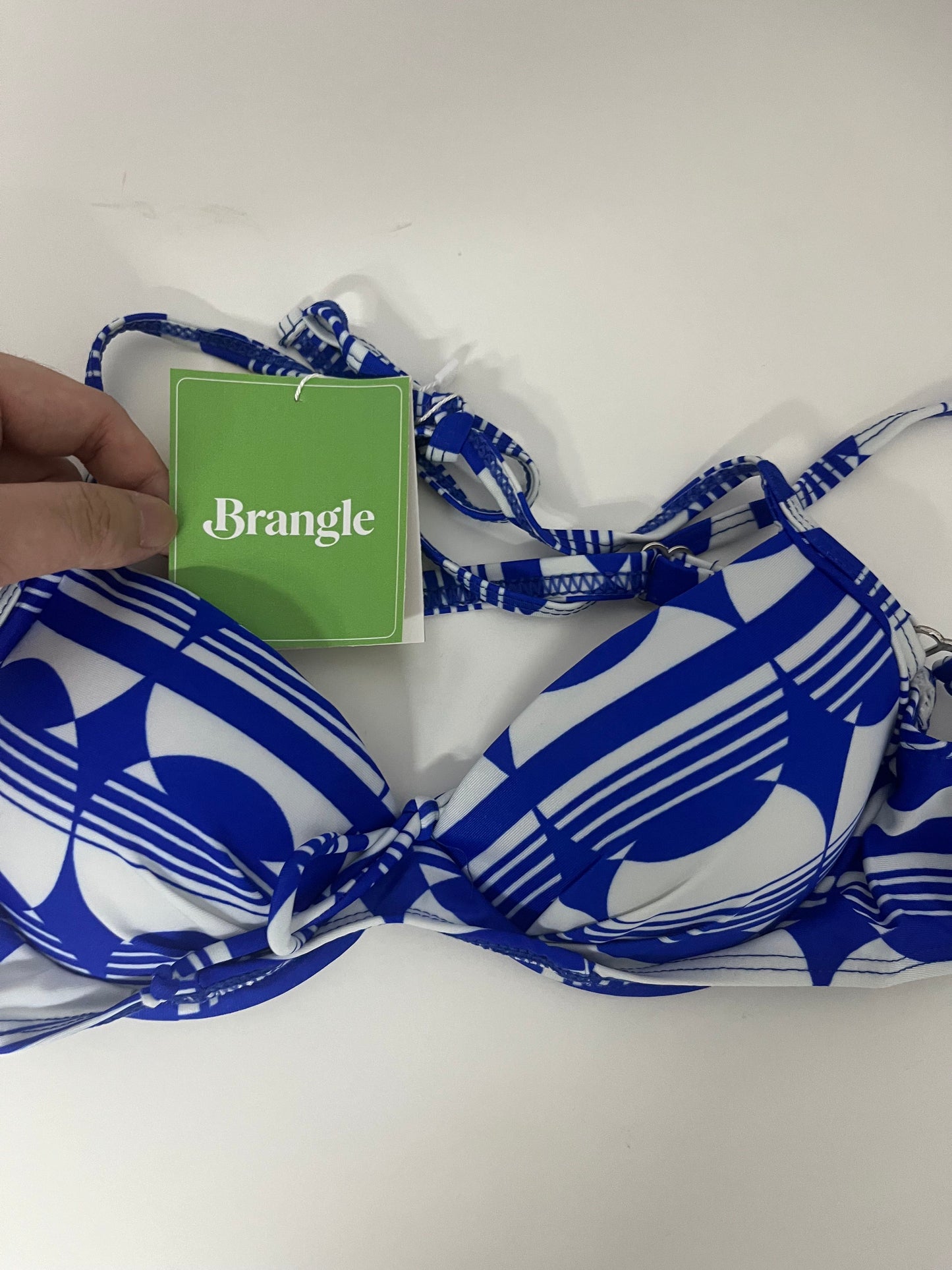 Brangle Blue & White Geometric Print Bikini Top, Push-Up & Slimming, Stylish Swimwear for Beach Vacations