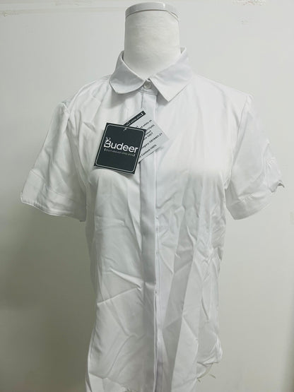 Budeer Women’s White Short Sleeve Button-Down Shirt - Classic Collared Casual Work Blouse