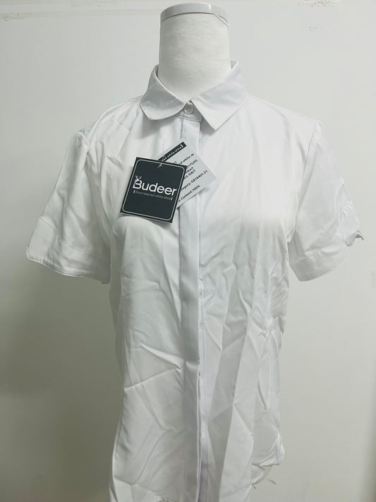 Budeer Women’s White Short Sleeve Button-Down Shirt - Classic Collared Casual Work Blouse