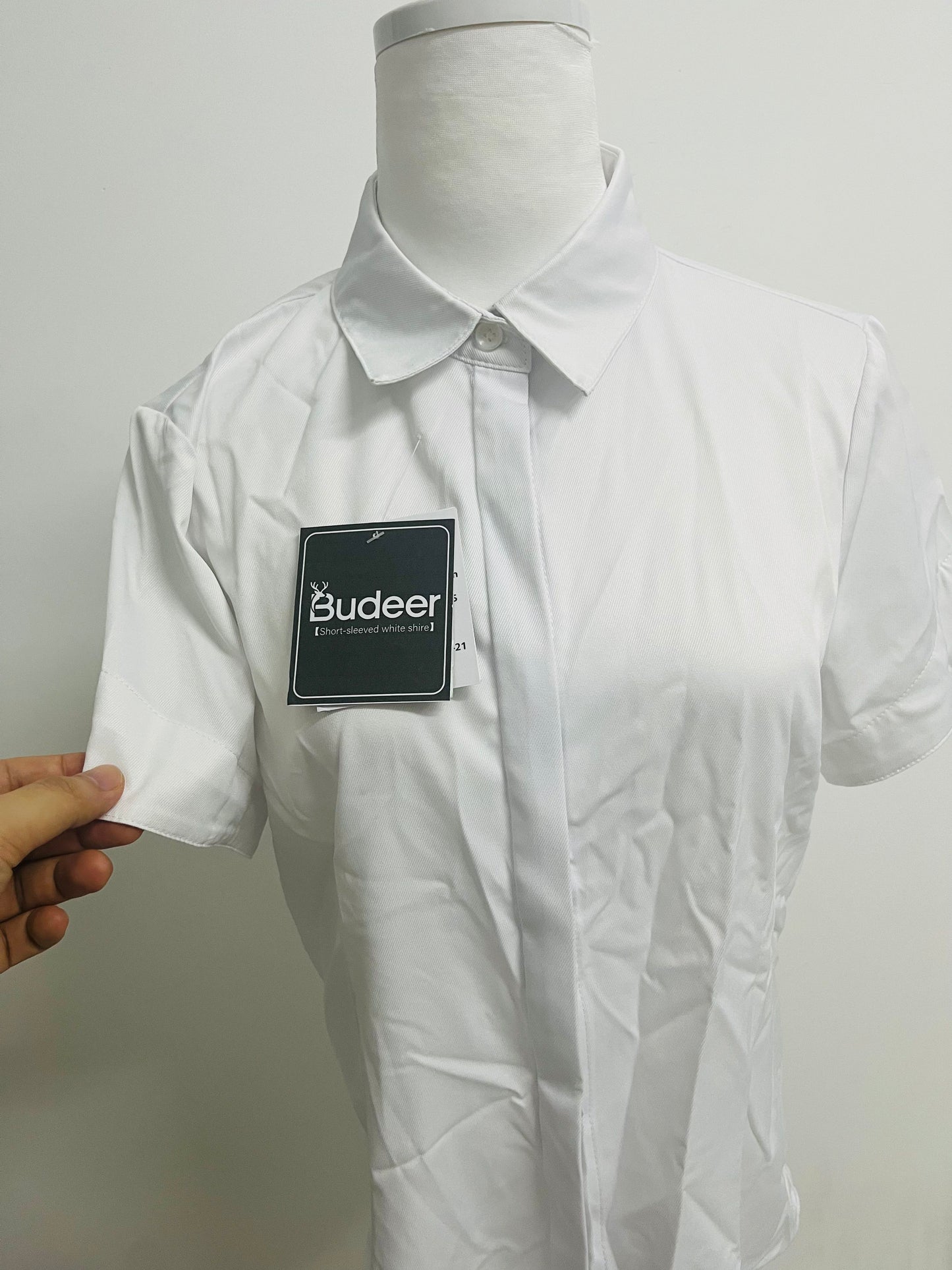 Budeer Women’s White Short Sleeve Button-Down Shirt - Classic Collared Casual Work Blouse