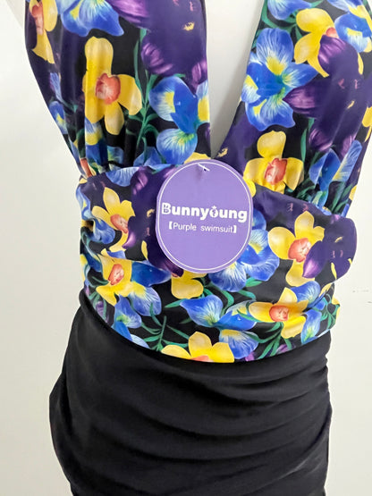 【Bunnyoung Purple Floral Halter Swimsuit】—— Vibrant & Stylish Beachwear