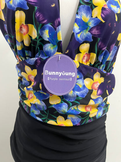 【Bunnyoung Purple Floral Halter Swimsuit】—— Vibrant & Stylish Beachwear
