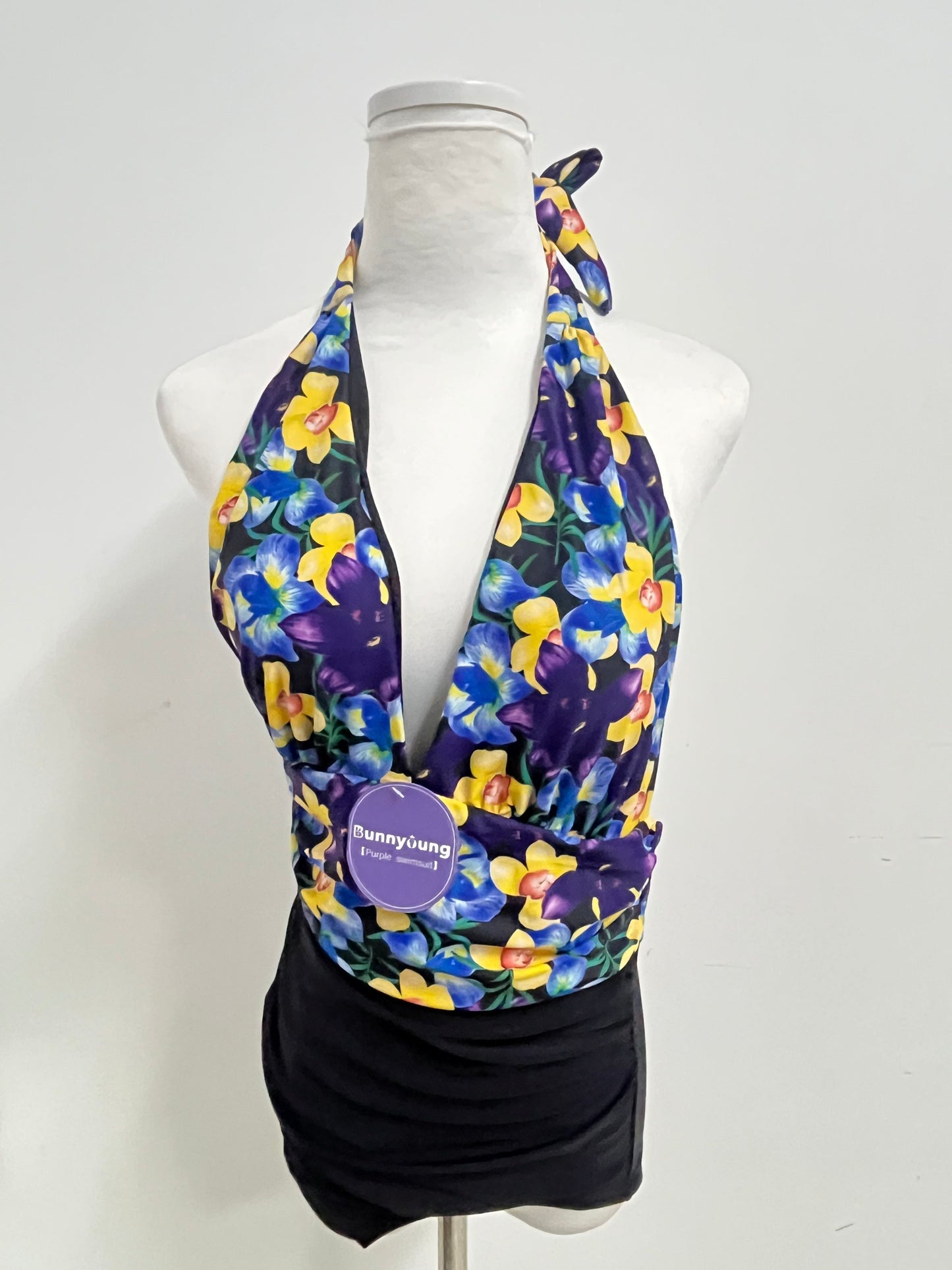 【Bunnyoung Purple Floral Halter Swimsuit】—— Vibrant & Stylish Beachwear