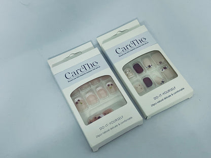 CareThe  24 Pcs Press on Nails Square, Flower Press on Nails Short, French Tip Press on Nails Medium, Flower False Nails, Glue on Nails, Gel Fake Nails for Women, Stick on Nails 12 Sizes-6 Styles