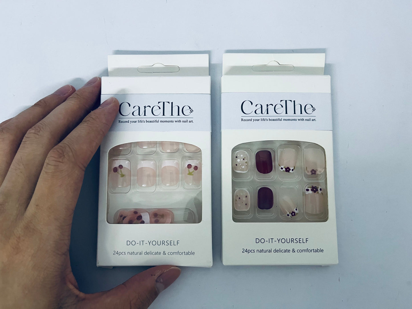 CareThe  24 Pcs Press on Nails Square, Flower Press on Nails Short, French Tip Press on Nails Medium, Flower False Nails, Glue on Nails, Gel Fake Nails for Women, Stick on Nails 12 Sizes-6 Styles
