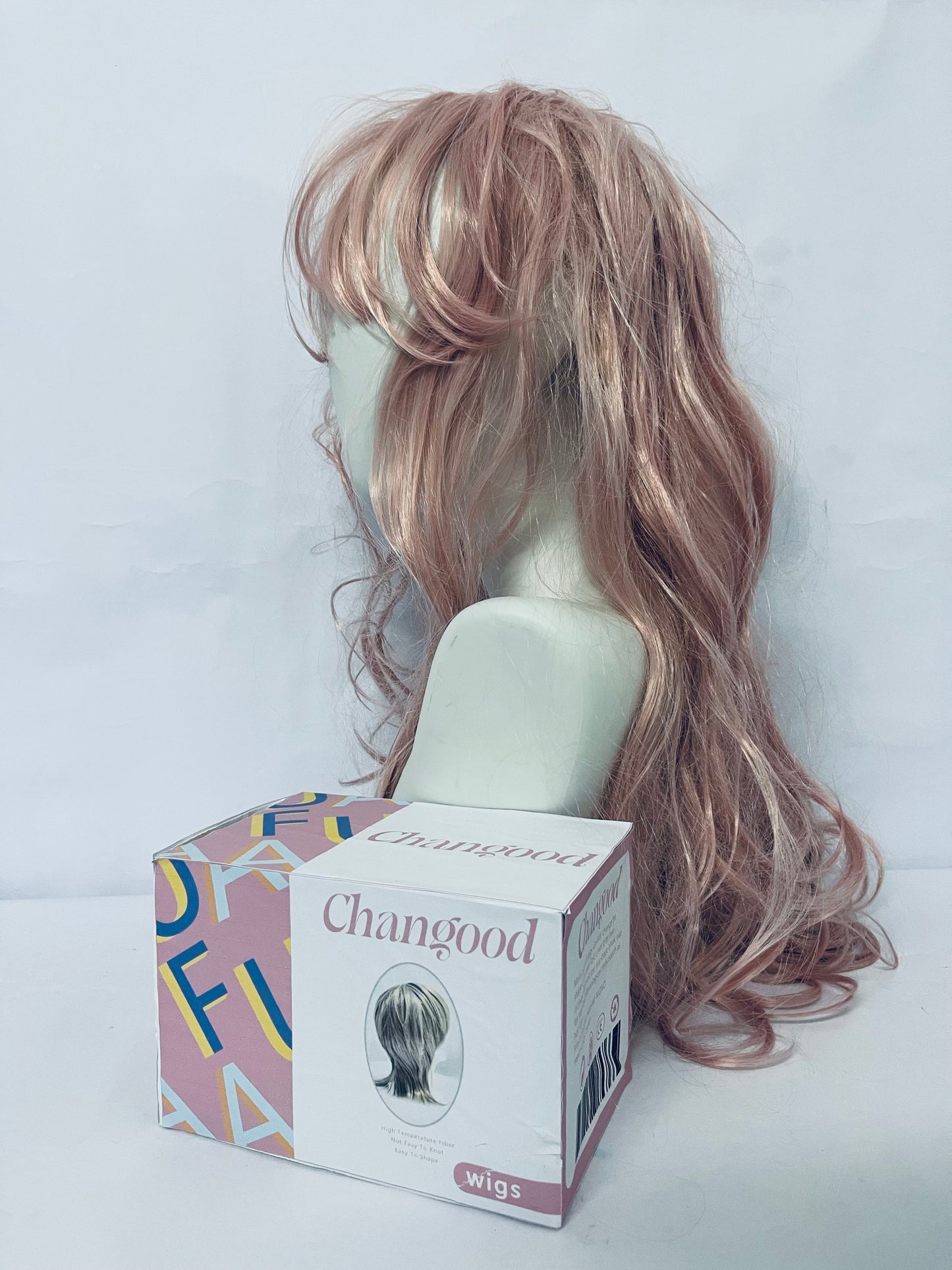 Changood Women Girls long Curly Synthetic Wig with Bangs Lovely Pink