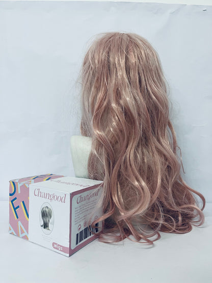 Changood Women Girls long Curly Synthetic Wig with Bangs Lovely Pink