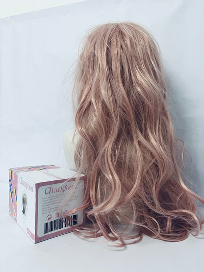 Changood Women Girls long Curly Synthetic Wig with Bangs Lovely Pink