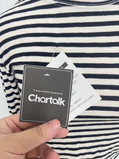 Chartalk Tops as clothing Womens Striped Long Sleeve Crop Top Crewneck Basic Fitted T Shirts Brown Black