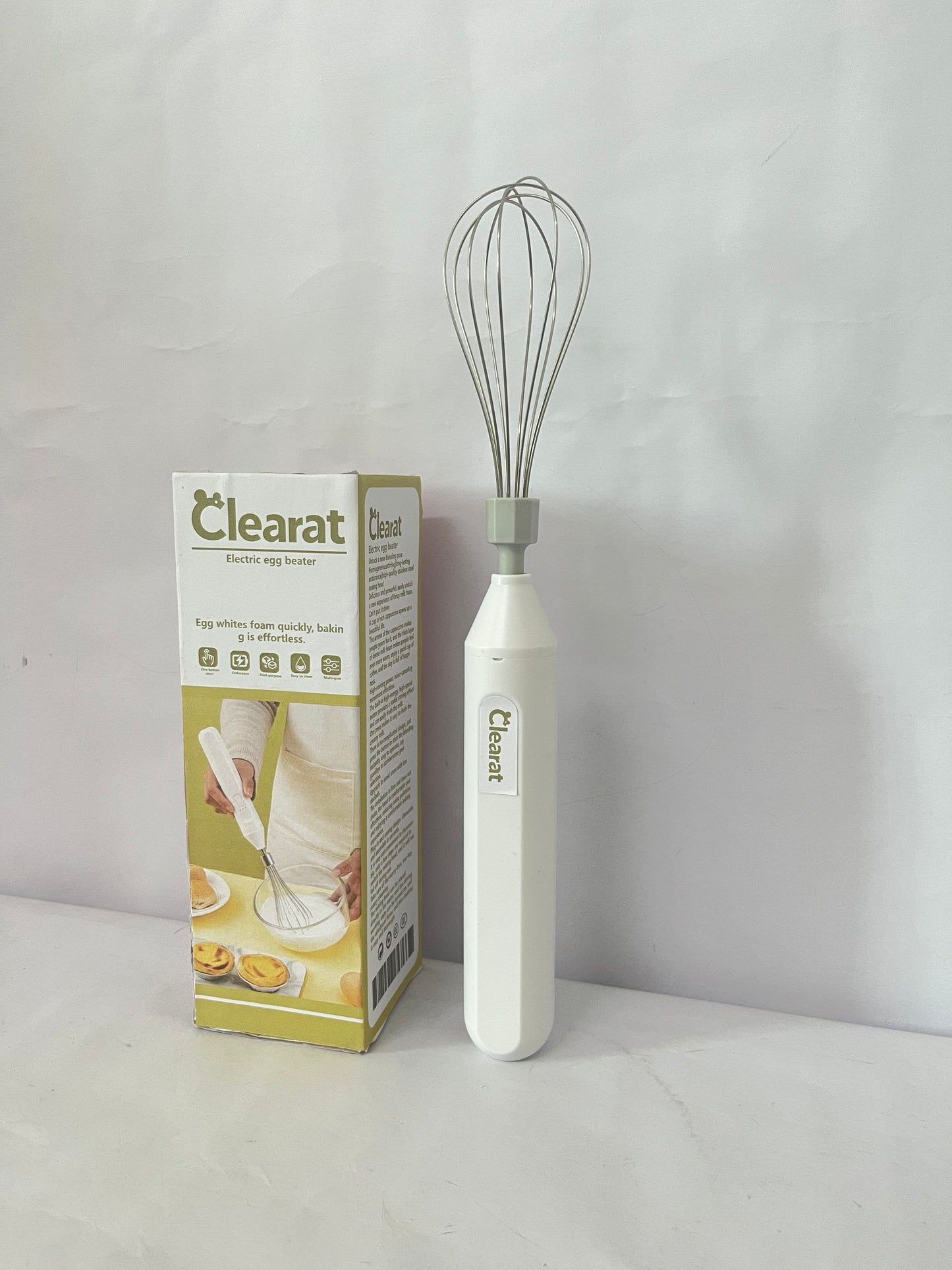 Clearat Electric Egg Beater Handheld USB Charging Milk Frother Portable Cordless Drink Mixer with Stainless Steel Whisk (White)