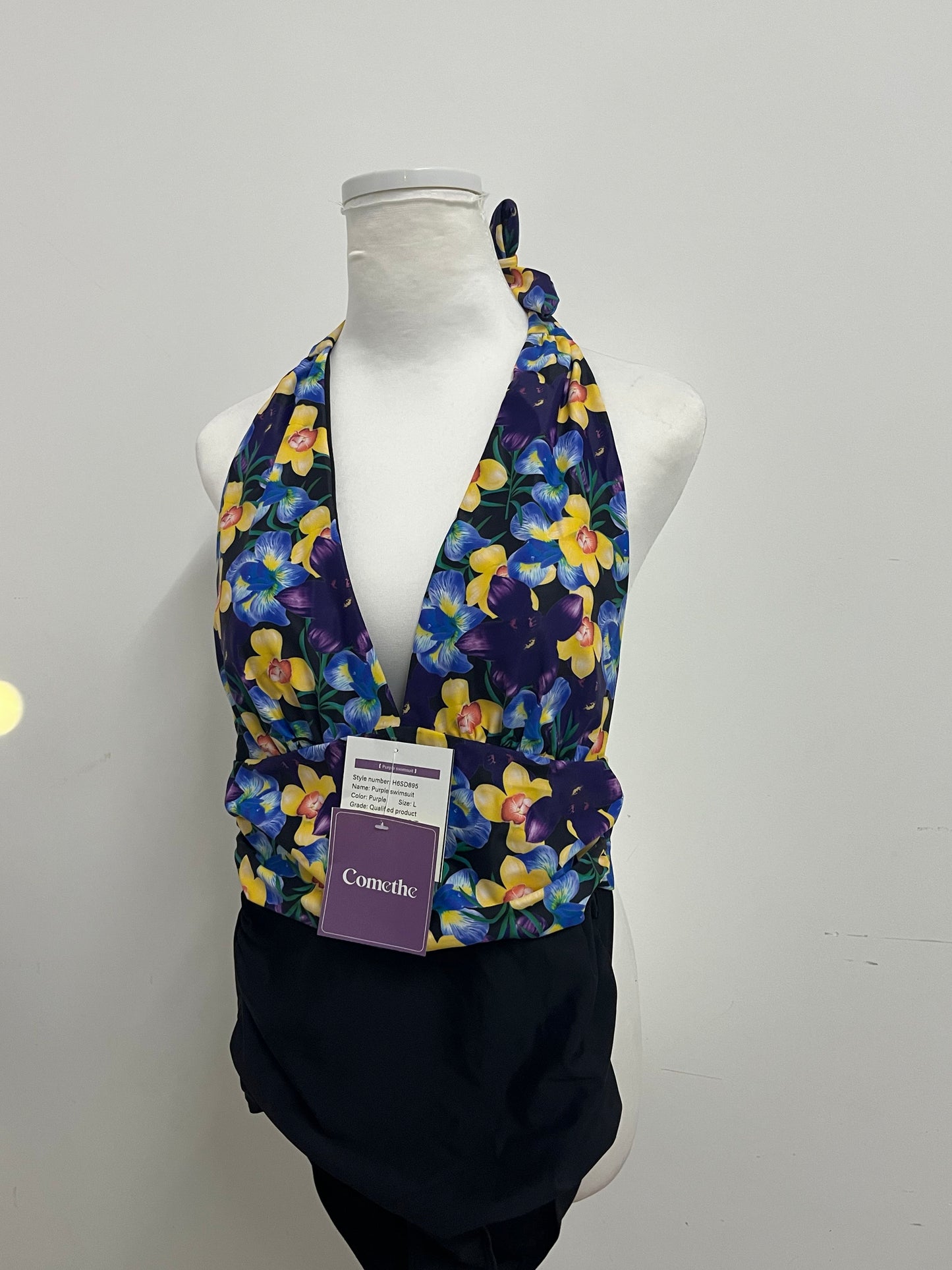 Comethe Purple Floral Halter Swimsuit Retro Print A Stylish & Comfortable Item for Vacation & Leisure