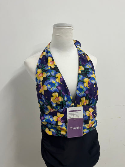 Comethe Purple Floral Halter Swimsuit Retro Print A Stylish & Comfortable Item for Vacation & Leisure