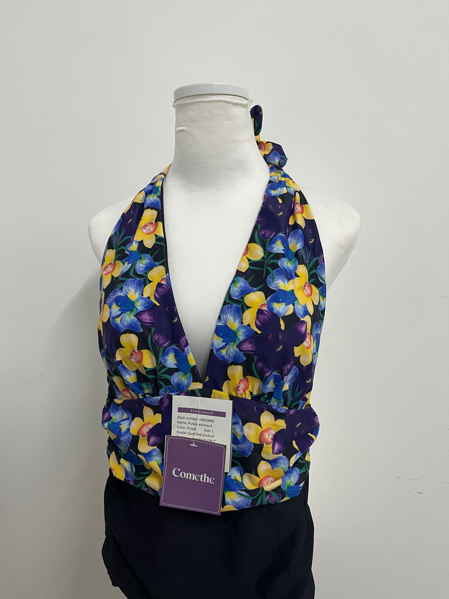 Comethe Purple Floral Halter Swimsuit Retro Print A Stylish & Comfortable Item for Vacation & Leisure