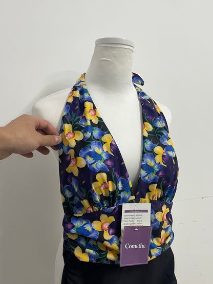 Comethe Purple Floral Halter Swimsuit Retro Print A Stylish & Comfortable Item for Vacation & Leisure