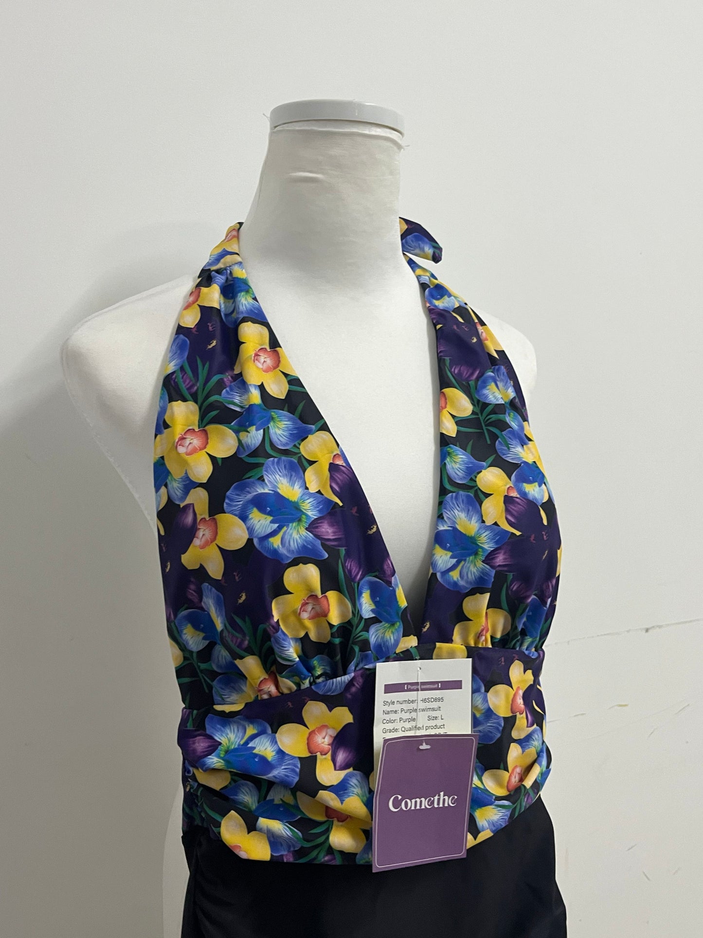 Comethe Purple Floral Halter Swimsuit Retro Print A Stylish & Comfortable Item for Vacation & Leisure