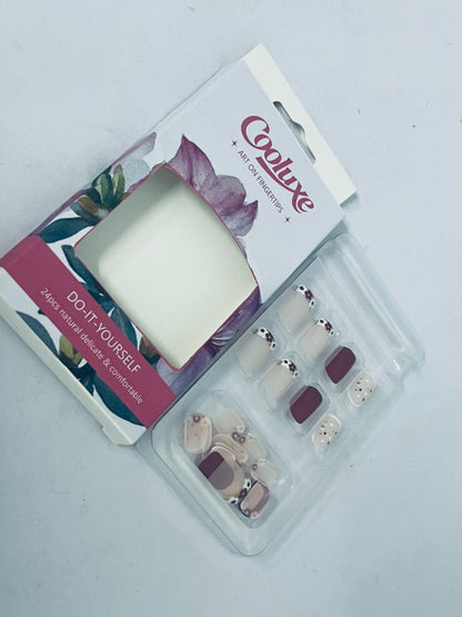 Cooluxe False nails Fall Press on Nails Extra Short Square Fake Nails Autumn Flowers Designs False Nails Glossy Glue on Nails Brown Acrylic Nails Full Cover Small Stick on Nails for Women Nail Art Manicure 24 Pcs
