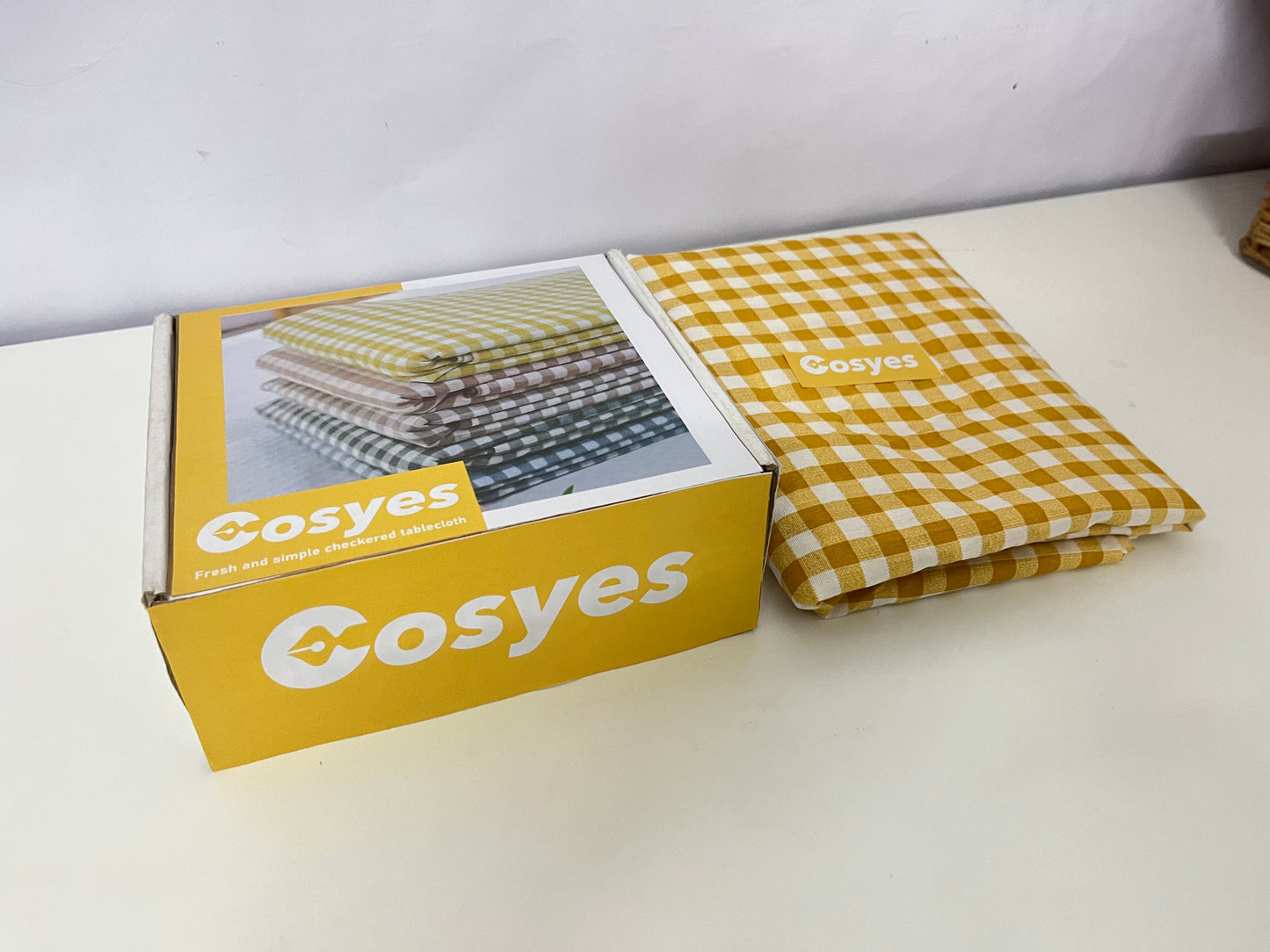Cosyes Textile tablecloths , 54 x 108 Inch Tablecloth, Rectangle White and Yellow Checkered Table Covers for Picnic, Birthday, Party