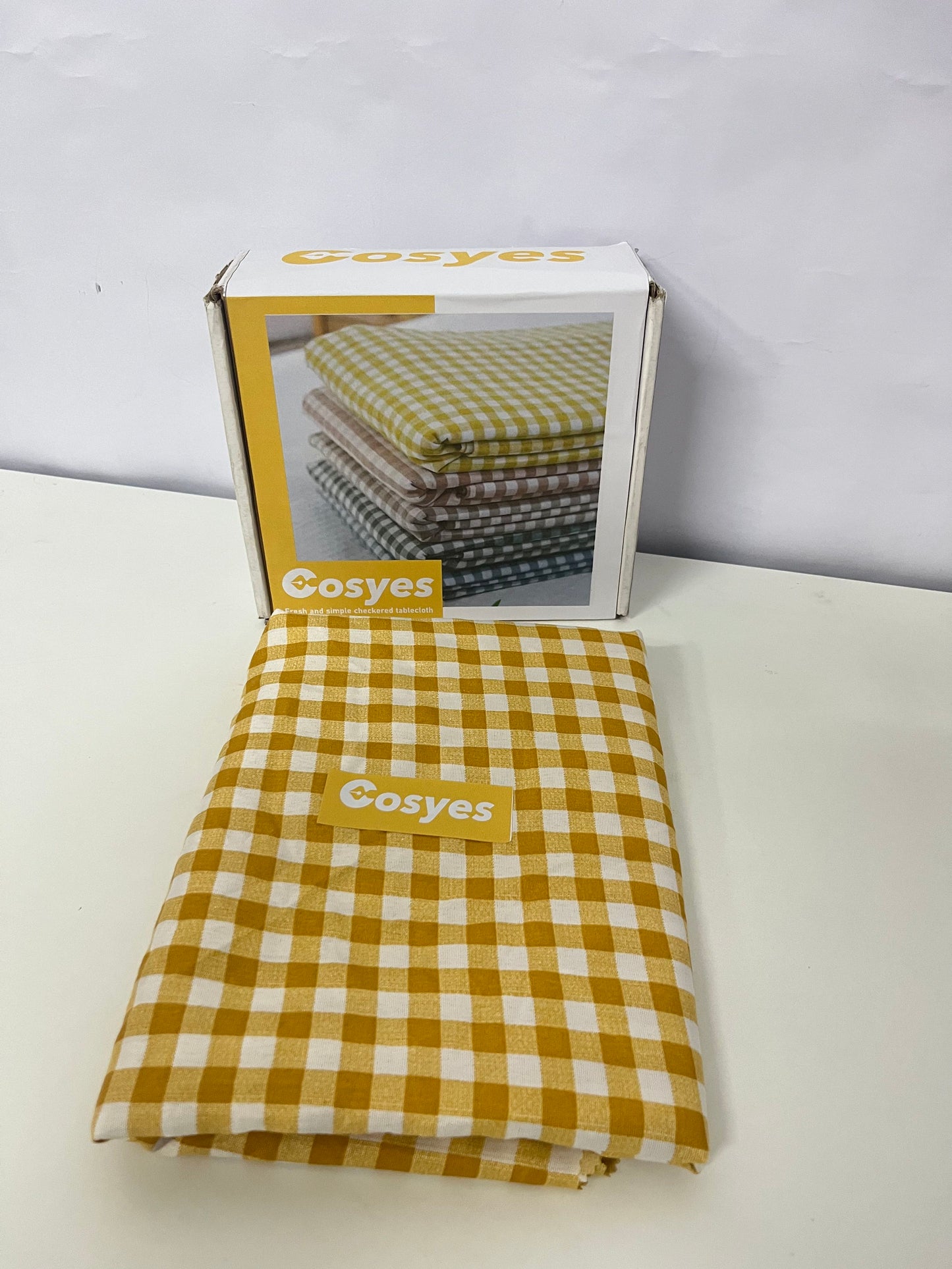 Cosyes Textile tablecloths , 54 x 108 Inch Tablecloth, Rectangle White and Yellow Checkered Table Covers for Picnic, Birthday, Party