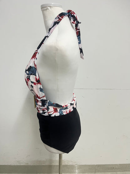 Cosymbol Floral Deep V Halter Swimsuit Retro Charm Slim-Fitting A Standout for Beach Vacations