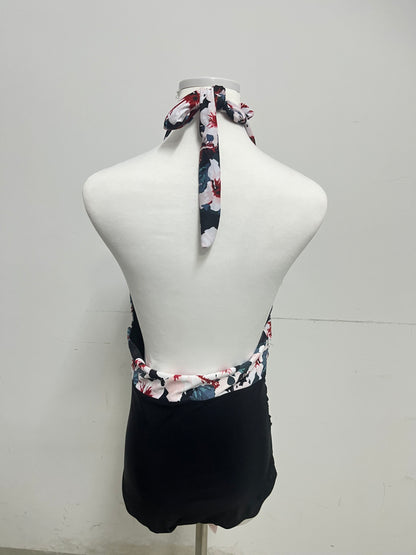 Cosymbol Floral Deep V Halter Swimsuit Retro Charm Slim-Fitting A Standout for Beach Vacations