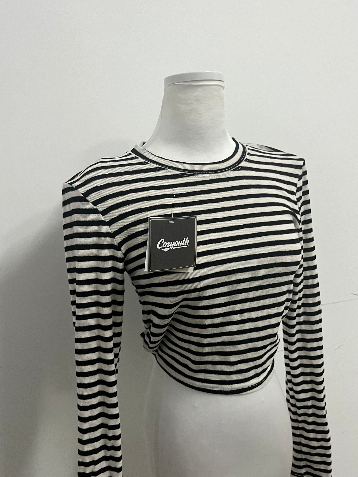 Cosyouth Black and White Striped Cropped Long-Sleeve Top with Back Tie | Retro Fashion, Slim-Fitting, A Must-Have for Stylish Outfits