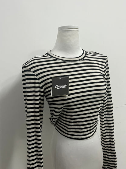 Cosyouth Black and White Striped Cropped Long-Sleeve Top with Back Tie | Retro Fashion, Slim-Fitting, A Must-Have for Stylish Outfits