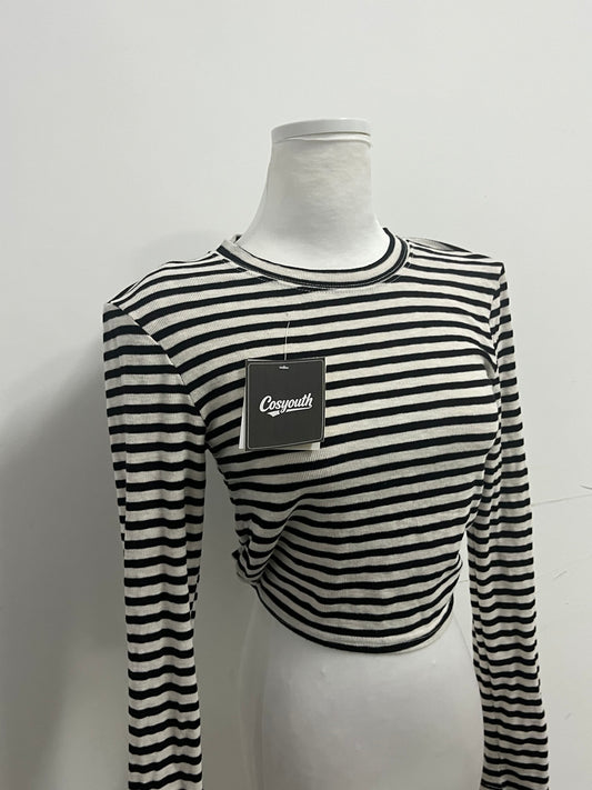 Cosyouth Black and White Striped Cropped Long-Sleeve Top with Back Tie | Retro Fashion, Slim-Fitting, A Must-Have for Stylish Outfits
