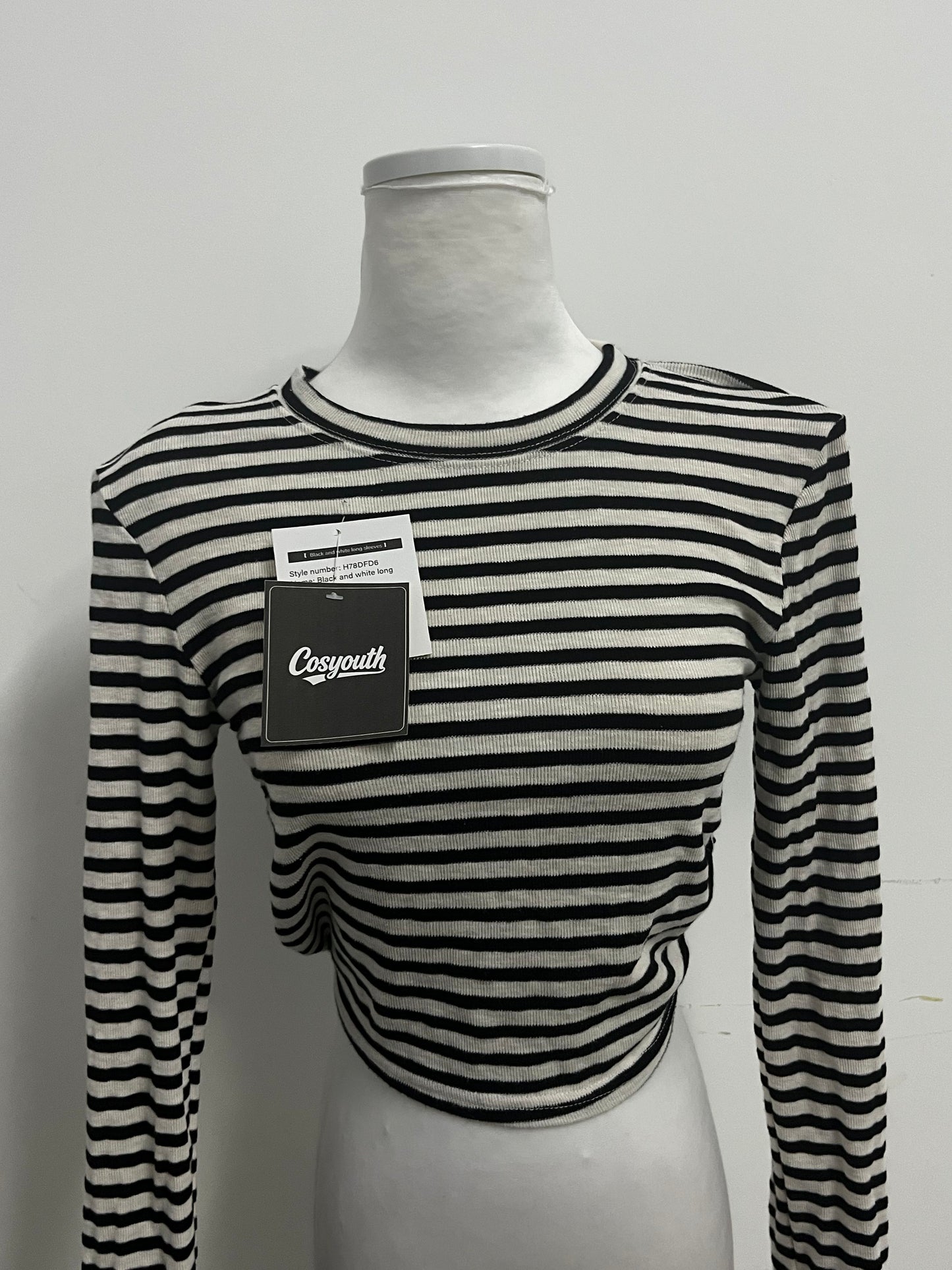 Cosyouth Black and White Striped Cropped Long-Sleeve Top with Back Tie | Retro Fashion, Slim-Fitting, A Must-Have for Stylish Outfits