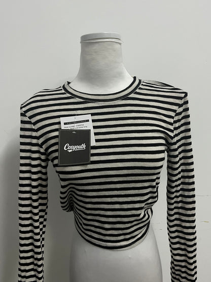 Cosyouth Black and White Striped Cropped Long-Sleeve Top with Back Tie | Retro Fashion, Slim-Fitting, A Must-Have for Stylish Outfits