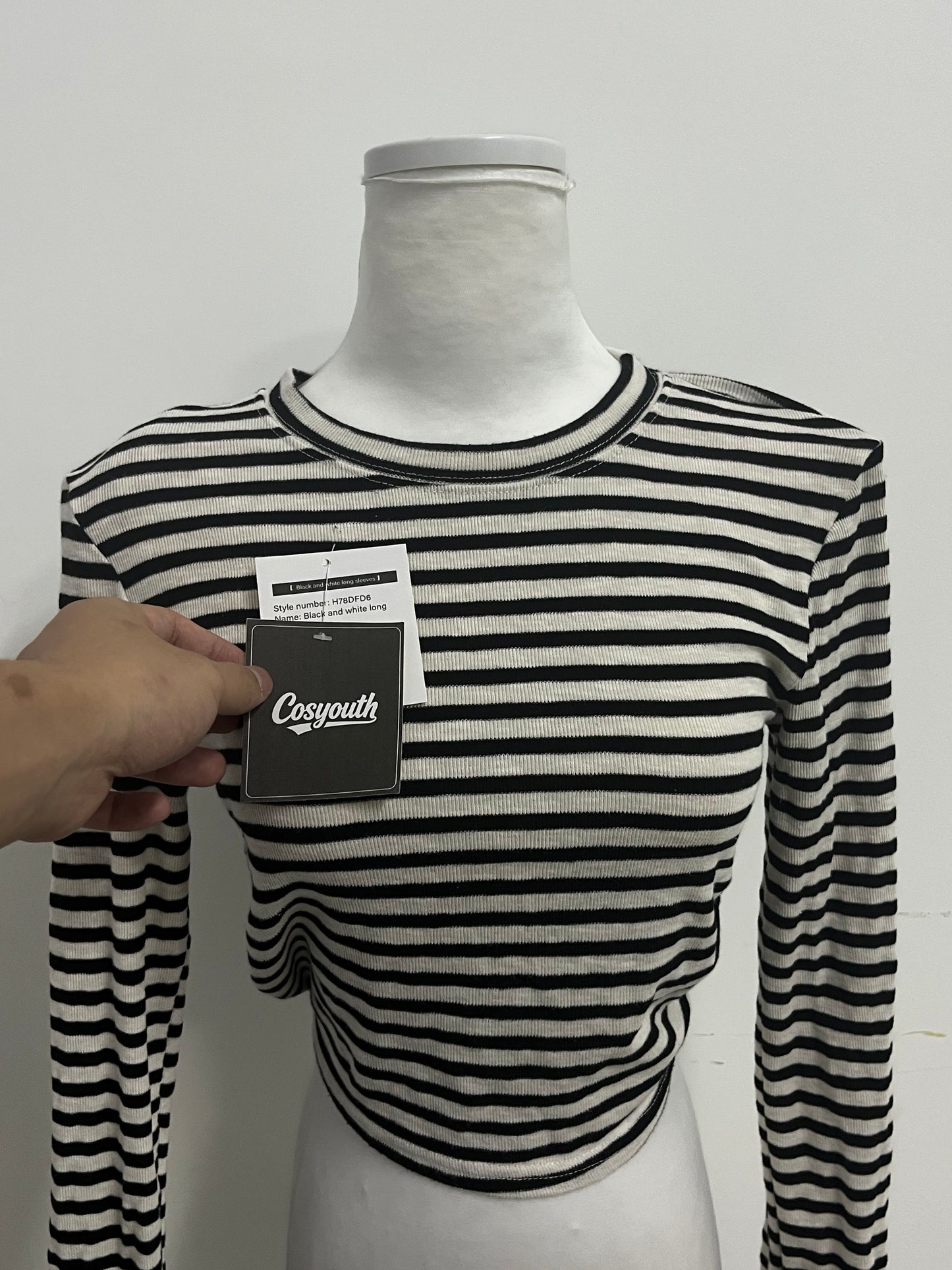 Cosyouth Black and White Striped Cropped Long-Sleeve Top with Back Tie | Retro Fashion, Slim-Fitting, A Must-Have for Stylish Outfits