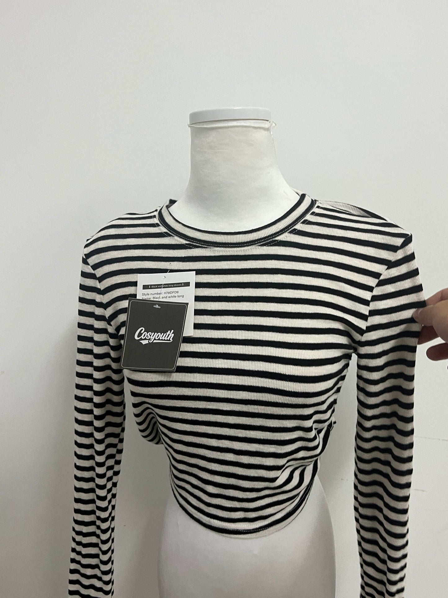Cosyouth Black and White Striped Cropped Long-Sleeve Top with Back Tie | Retro Fashion, Slim-Fitting, A Must-Have for Stylish Outfits