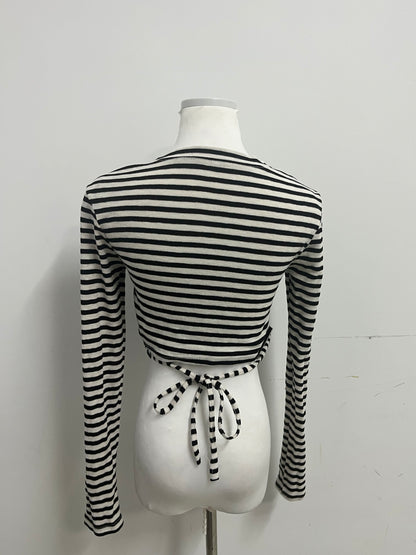 Cosyouth Black and White Striped Cropped Long-Sleeve Top with Back Tie | Retro Fashion, Slim-Fitting, A Must-Have for Stylish Outfits