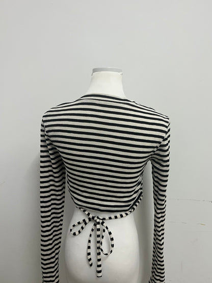 Cosyouth Black and White Striped Cropped Long-Sleeve Top with Back Tie | Retro Fashion, Slim-Fitting, A Must-Have for Stylish Outfits