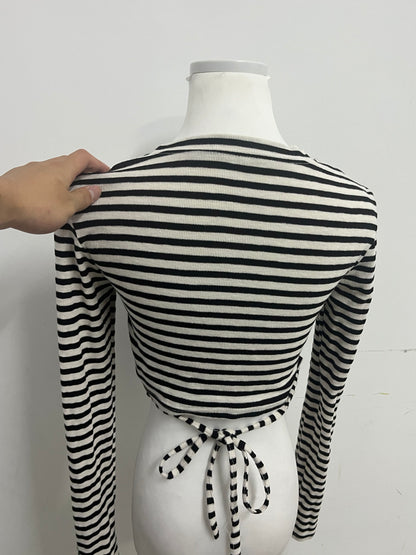 Cosyouth Black and White Striped Cropped Long-Sleeve Top with Back Tie | Retro Fashion, Slim-Fitting, A Must-Have for Stylish Outfits
