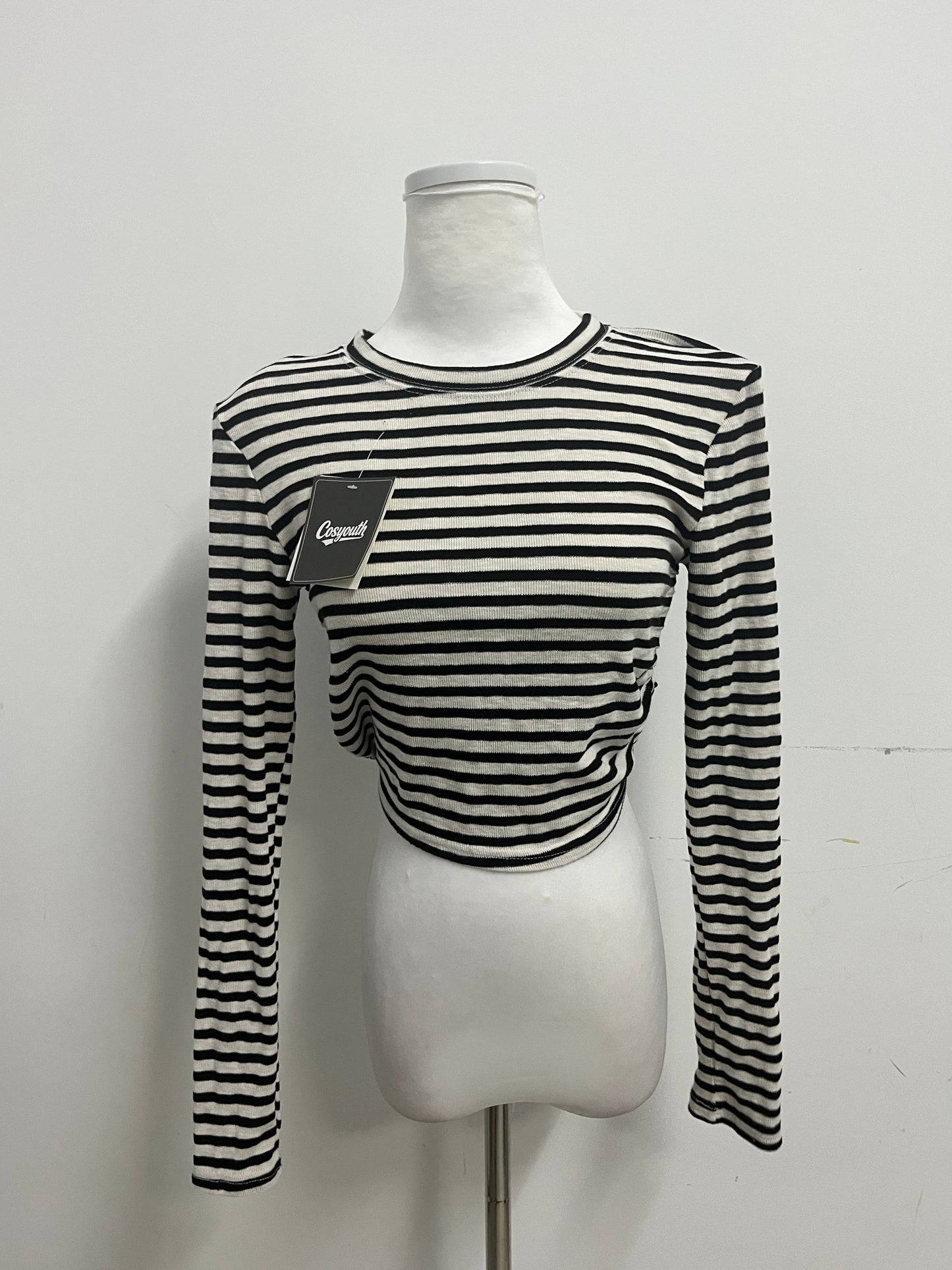 Cosyouth Black and White Striped Cropped Long-Sleeve Top with Back Tie | Retro Fashion, Slim-Fitting, A Must-Have for Stylish Outfits