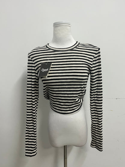 Cosyouth Black and White Striped Cropped Long-Sleeve Top with Back Tie | Retro Fashion, Slim-Fitting, A Must-Have for Stylish Outfits