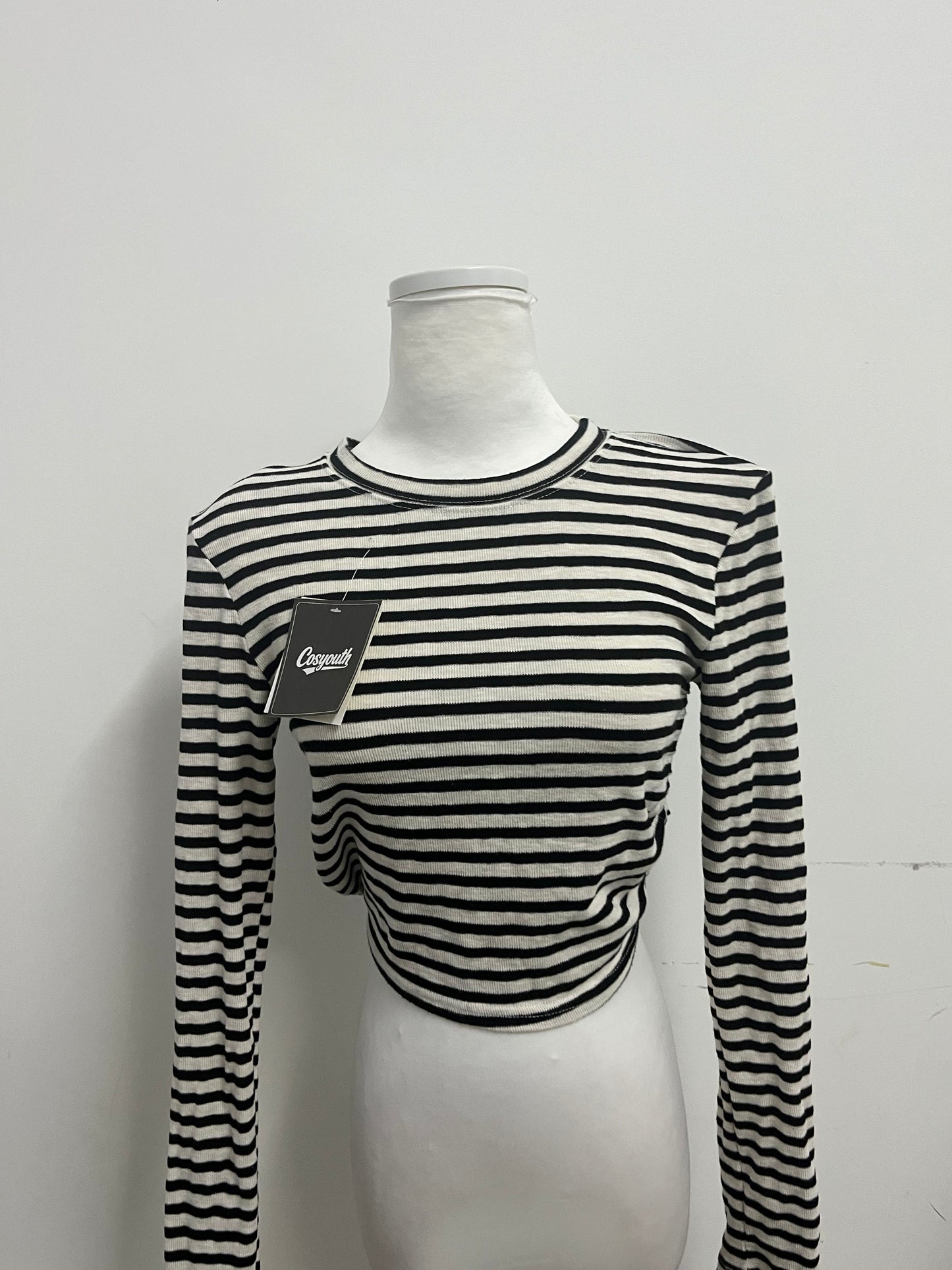 Cosyouth Black and White Striped Cropped Long-Sleeve Top with Back Tie | Retro Fashion, Slim-Fitting, A Must-Have for Stylish Outfits