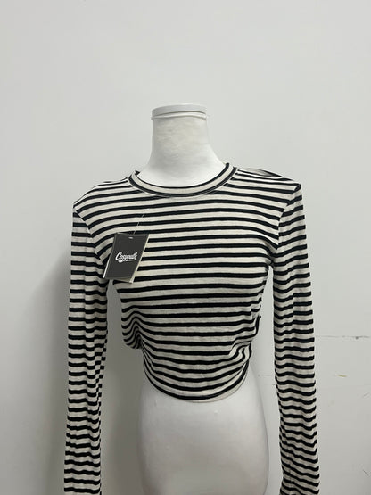Cosyouth Black and White Striped Cropped Long-Sleeve Top with Back Tie | Retro Fashion, Slim-Fitting, A Must-Have for Stylish Outfits