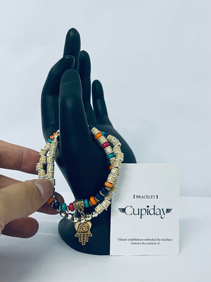 Cupiday Multicolor Bead Bracelet with Hamsa Charm