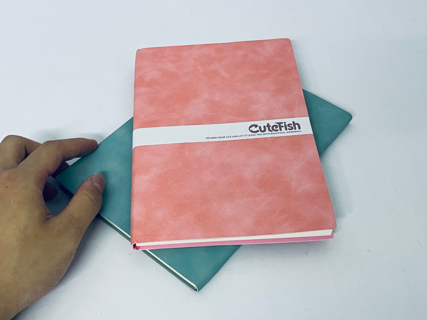 CuteFish Notebook Journal for Men - Lined Pages, 100 GSM Thick Kraft Paper, A5 Size, Pink and Green Leather, Soft Cover