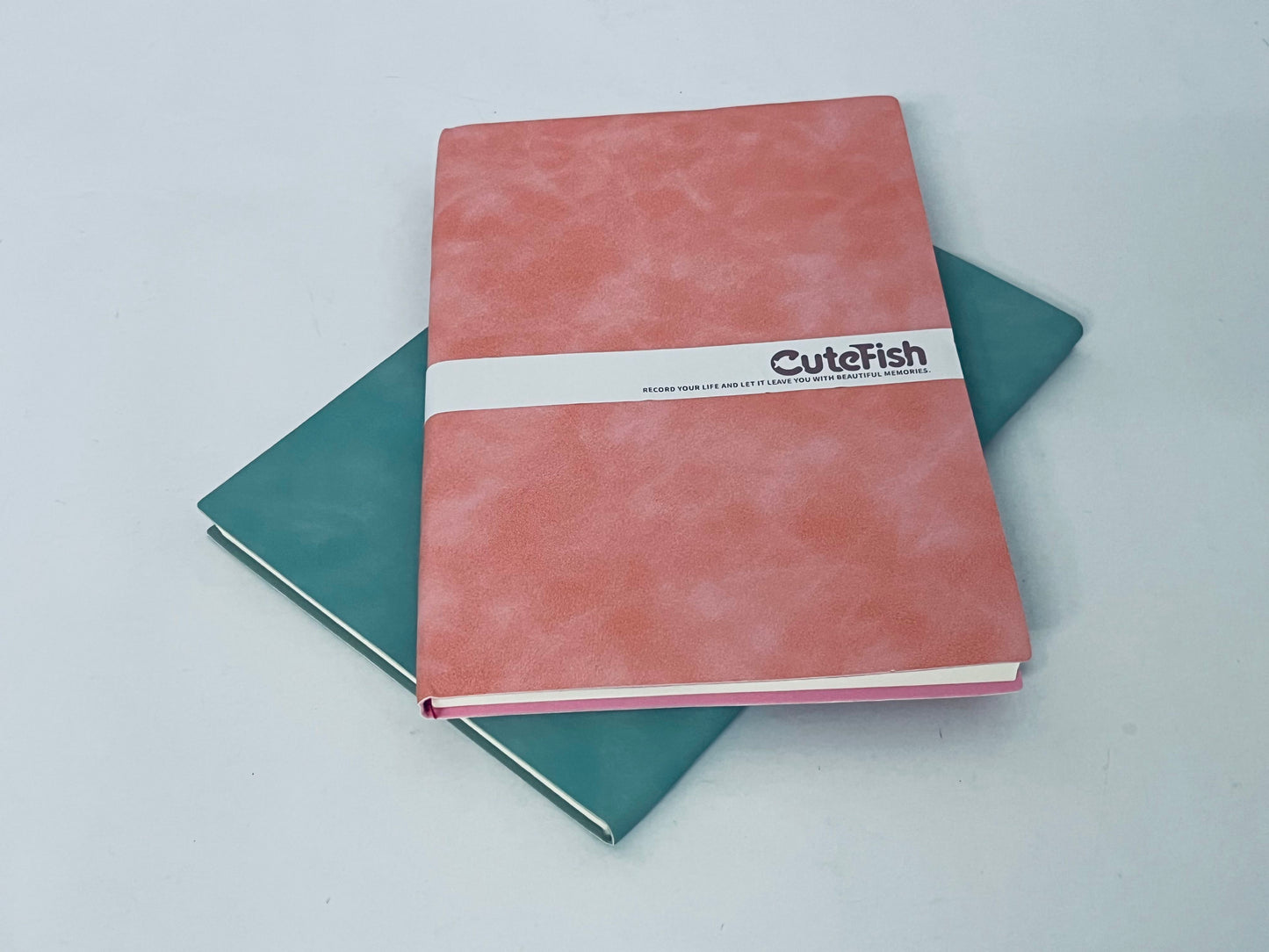 CuteFish Notebook Journal for Men - Lined Pages, 100 GSM Thick Kraft Paper, A5 Size, Pink and Green Leather, Soft Cover