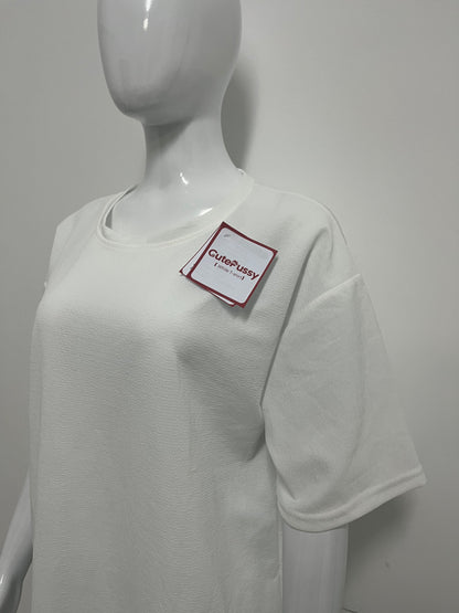 [CutePussy T-shirts]——CutePussy Textured Oversized Short-Sleeve T-Shirt - Relaxed Fit Versatile Midi Top