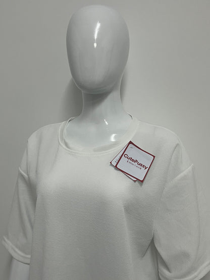 [CutePussy T-shirts]——CutePussy Textured Oversized Short-Sleeve T-Shirt - Relaxed Fit Versatile Midi Top
