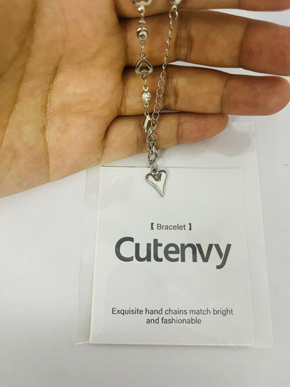 Cutenvy Classic Love Heart Design Fashion Accessory Bracelet Stainless Steel Love Heart Charm Adjustable Link Chain Bracelet for Women