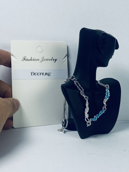 DEEPLIKE Bohemia Tiny Blue Rhinestone Choker Necklace Blue Necklace Silver Chain Blue Station Necklace Blue Topaz Necklace Jewelry for Women