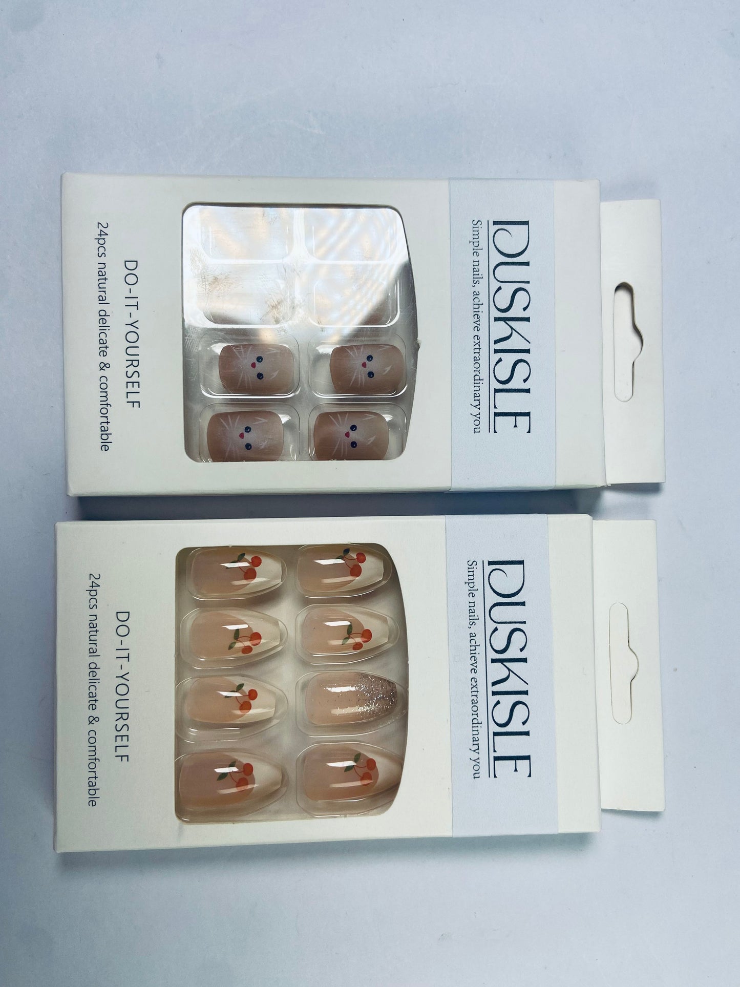 DUSKISLE 24Pcs Tips Press on Nails with Cherry and Cat Design for Women and girl
