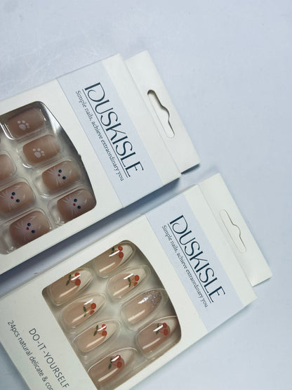 DUSKISLE 24Pcs Tips Press on Nails with Cherry and Cat Design for Women and girl