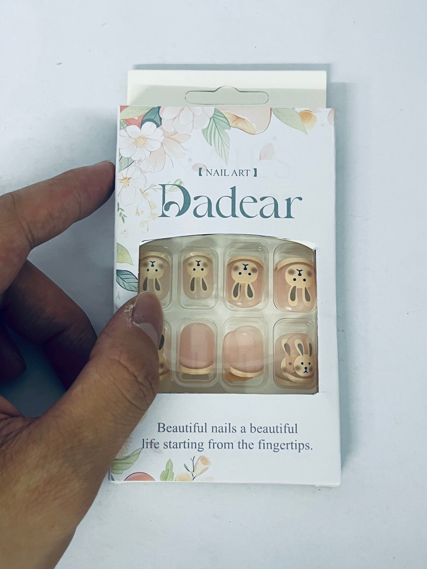 Dadear Nails Short Square Fake Nails Cute Bunny Pink Flower Garland Designs Glossy False Nails Easter Day Nail Art Decorations Full Cover Acrylic Nails for Women Nail Art Manicure 24 Pcs