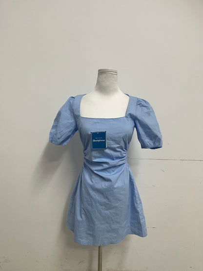 Deaiginew Blue Ruched Dress - Square Neck Puff Sleeve Mini for Versatile Elegance